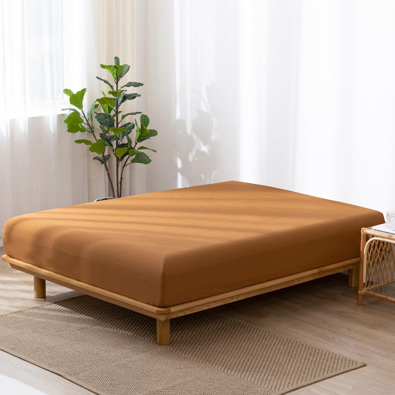 MooMee Fitted Bottom Sheet Only 100% Washed Cotton Linen Like Textured Breathable Durable Soft Comfy Deep Pocket Fits Mattress up to 17" (Dark Orange, Queen) - Image 3