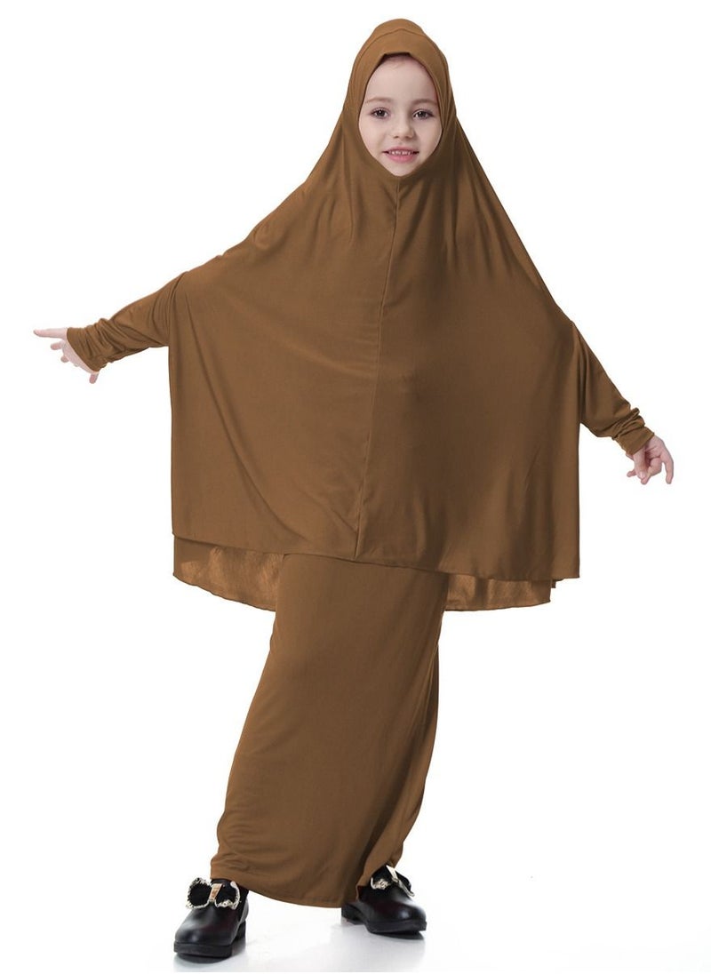 Loquat - Girl's Traditional 2-Piece Set Solid Color Abaya Robe And Skirt Suit Brown - Image 1