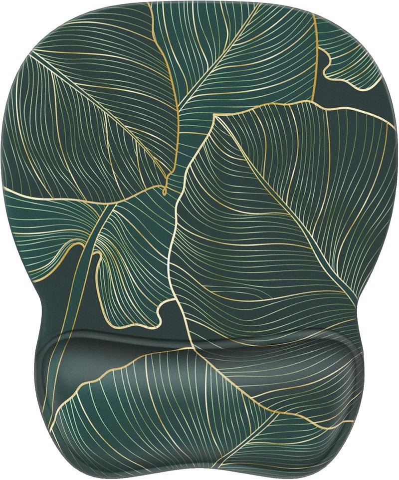MROCO Ergonomic Mouse Pad with Gel Wrist Rest, 9.4 x 8.1 in, Green Leaves | Ergonomic Shape Design, Multiple Pattern Options, Gel Wrist Comfort, Smooth Lycra Surface, Non-Slip PU Base - Image 1