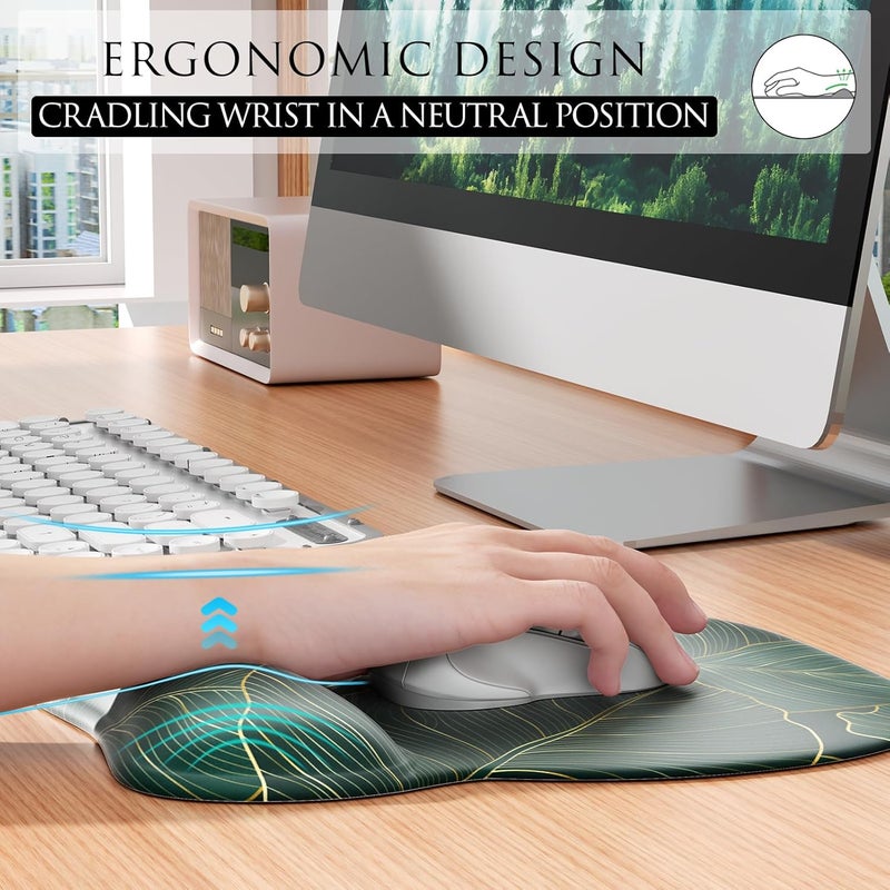 MROCO Ergonomic Mouse Pad with Gel Wrist Rest, 9.4 x 8.1 in, Green Leaves | Ergonomic Shape Design, Multiple Pattern Options, Gel Wrist Comfort, Smooth Lycra Surface, Non-Slip PU Base - Image 5