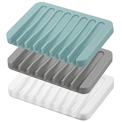 MODENGKONGJIAN Self Draining Soap Dishes, 3 Pcs Silicone Soap Saver, Waterfall Drainer Soap Holder for Bathroom, Extend Soap Life, Keep Soap Bars Dry Clean & Easy Cleaning (White, Gray, Teal) - Image 1