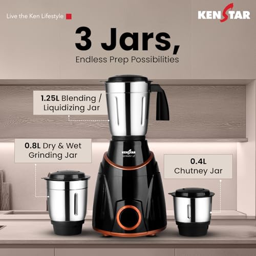 Kenstar GRINDEE 3J Mixer Grinder | 3 Stainless Steel Multipurpose Jars | 750 W | Black - Image 3