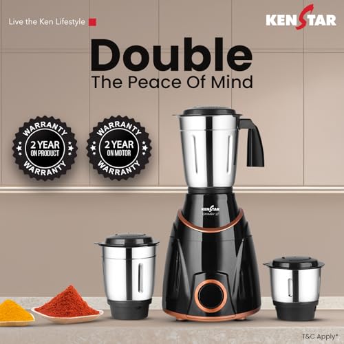Kenstar GRINDEE 3J Mixer Grinder | 3 Stainless Steel Multipurpose Jars | 750 W | Black - Image 2