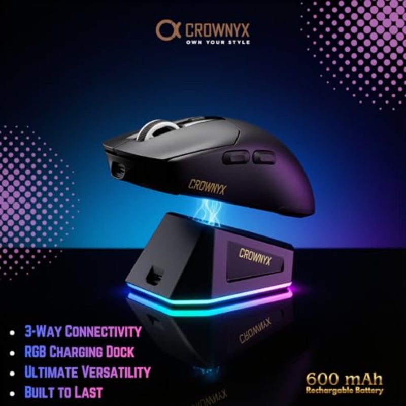 Gaming mouse for PC and laptop use, lightweight plastic body in black, tri-mode connectivity with RGB lighting and magnetic charging - Image 4
