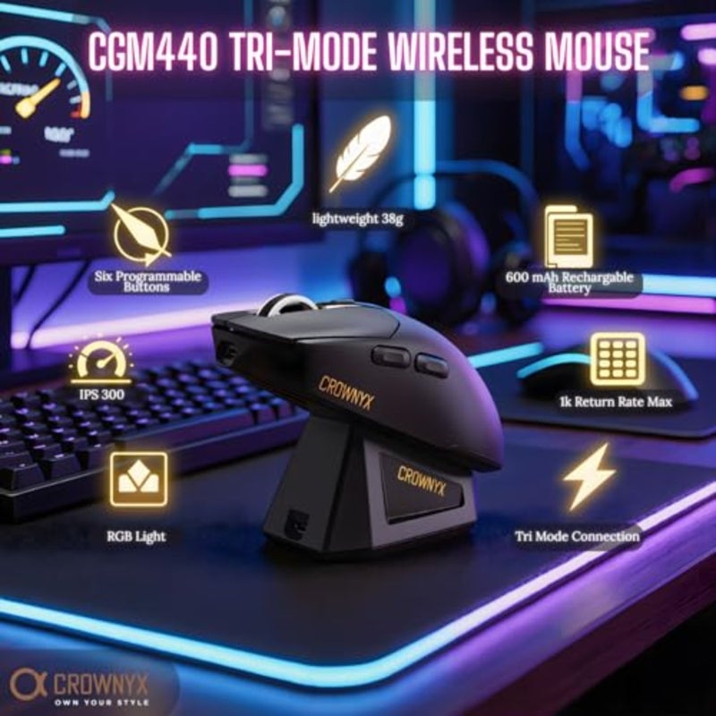 Gaming mouse for PC and laptop use, lightweight plastic body in black, tri-mode connectivity with RGB lighting and magnetic charging - Image 5