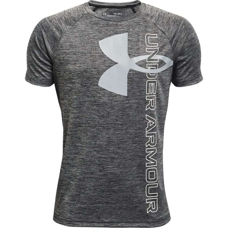 Under Armour boys Tech Split Logo Hybrid Short-Sleeve T-Shirt , Black (001)/White , Youth Large - Image 4