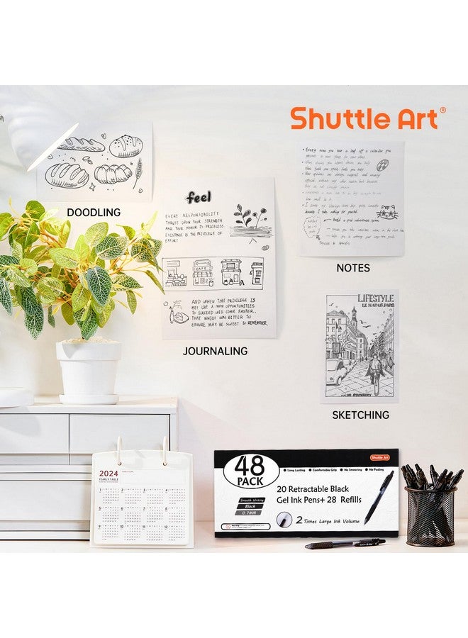 شاتل أرت أقلام جل سوداء، عبوة من 48 قلمًا (20 قلمًا مع 28 عبوة إعادة تعبئة) أقلام حبر جل قابلة للسحب متوسطة الرأس ذات حبر دوار للكتابة بسلاسة مع قبضة مريحة للمكتب والمدرسة والعمل المنزلي - Image 4