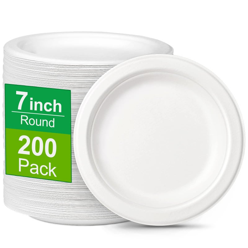 Greconv Small Compostable Plates - White 7"" Bulk 200 Pack Recycled Plates for Dessert & Cake - Image 1