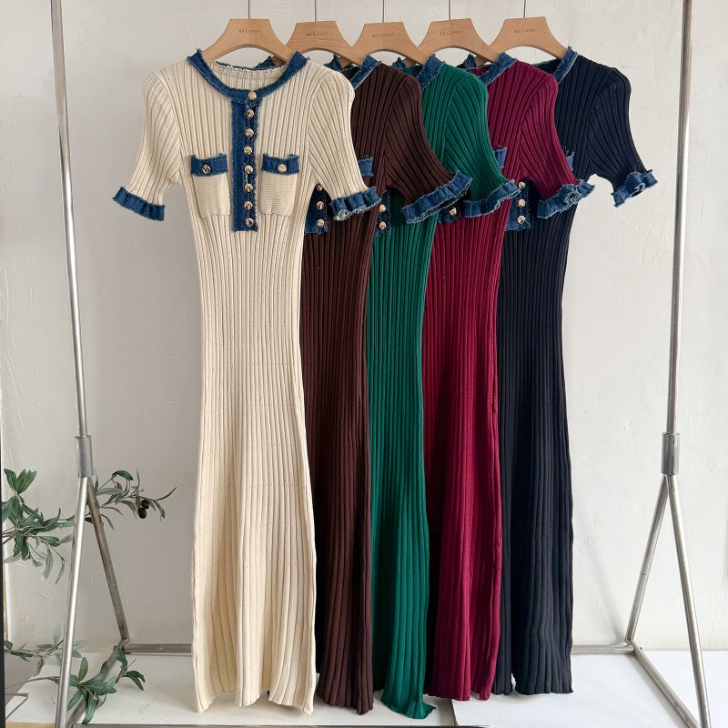 Cross-border European and American Womens AliExpress Explosion Denim Stitching Knitted Long Dress Tight Short-sleeved Knitted dress Women Coffee color - Image 1