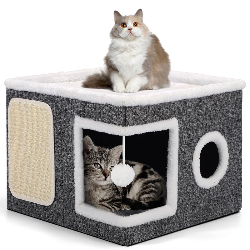 Shikha Cat Beds for Indoor Cats, Large Cat Cave with Cozy Condo, Fluffy Ball, Round Window, Foldable Indoor Cat House Hold Up to 30LBS, Cat Hideaway with Reversible Cushions for All Seasons, Grey - Image 1