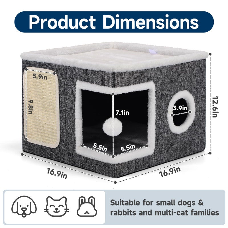 Shikha Cat Beds for Indoor Cats, Large Cat Cave with Cozy Condo, Fluffy Ball, Round Window, Foldable Indoor Cat House Hold Up to 30LBS, Cat Hideaway with Reversible Cushions for All Seasons, Grey - Image 2