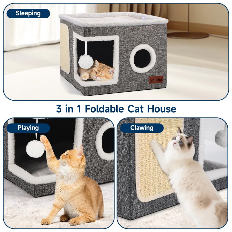 Shikha Cat Beds for Indoor Cats, Large Cat Cave with Cozy Condo, Fluffy Ball, Round Window, Foldable Indoor Cat House Hold Up to 30LBS, Cat Hideaway with Reversible Cushions for All Seasons, Grey - Image 5