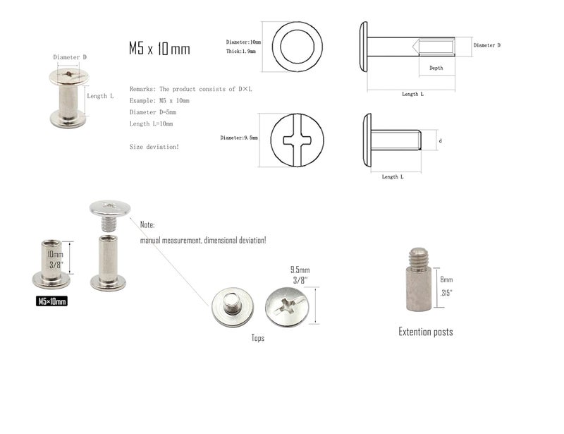 LBY 30 Sets M5 x 10mm Chicago Screws, Binding Screw Posts, Book Screws, Binding Barrels and Screws Assortment Kit, for Leather Saddles Purses Belt Repair, with Extention Posts (20pcs), Nickel-Plated - Image 5