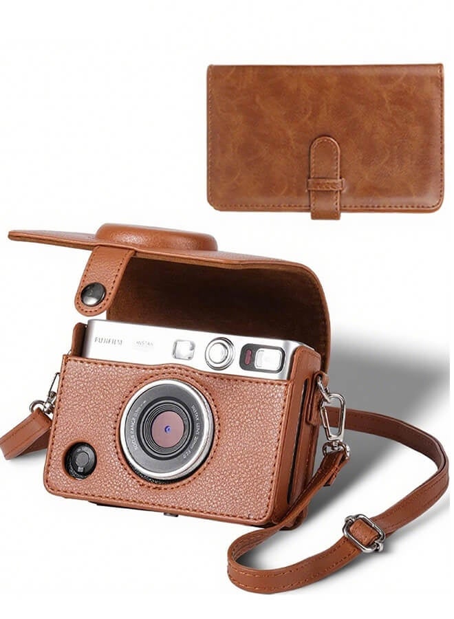 Brown PU Leather Case with Shoulder Strap for Instax Mini EVO Camera - 96 Pocket Photo Album Included - Image 1