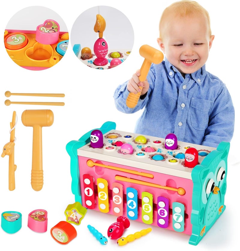 Kidzilla 8 in 1 Montessori Hammering Pounding Toys for 1 2 Year Old Educational Fishing Game Xylophone Shape Sorter Developmental Learning Toy Motor Skill Toddler Activity Age 2-4 Boy Girl Easter Treat Gift - Image 1