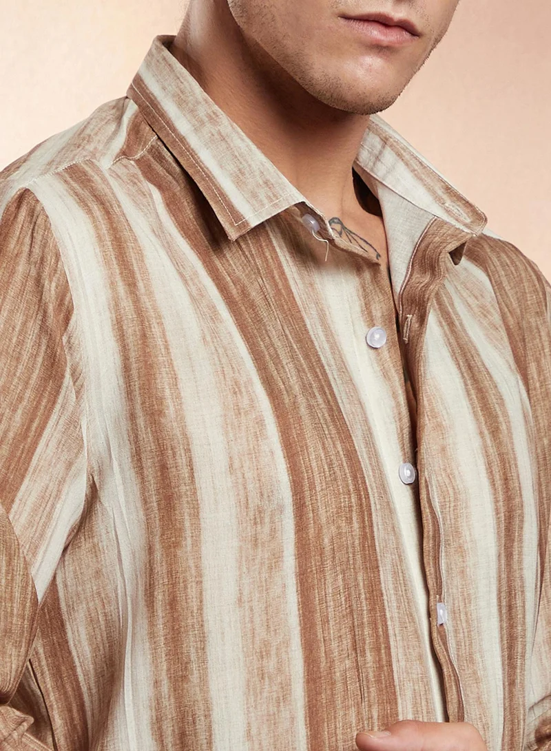 CAHOOT  Men's Ash Brown Striped-Strokes Shirt for Men | Best Price UAE