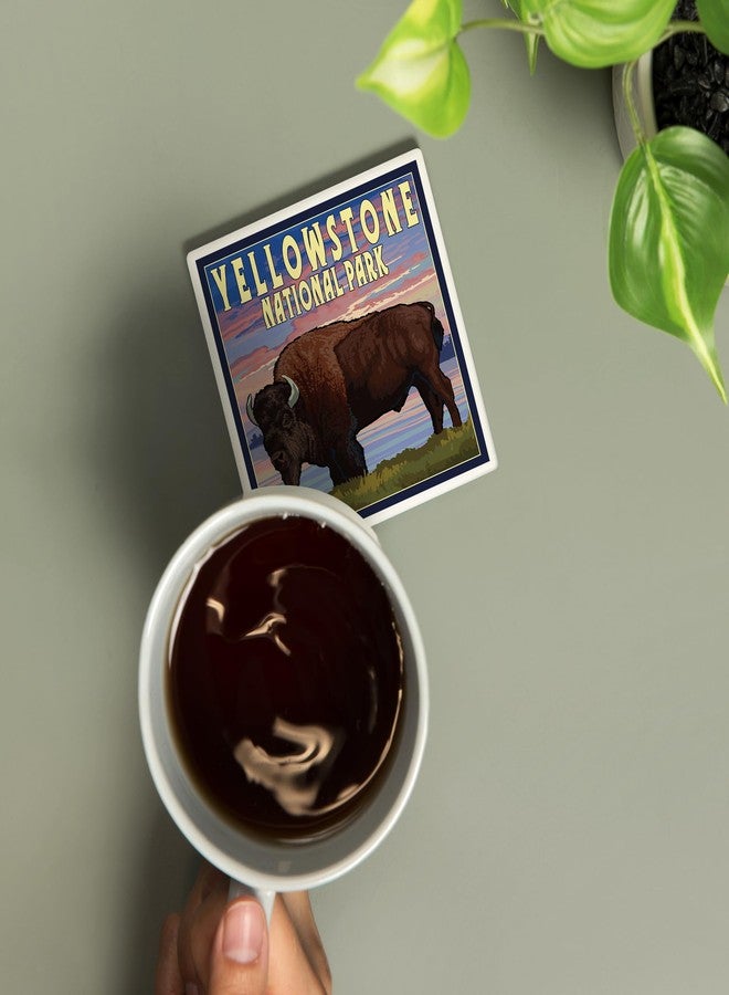 Lantern Press Yellowstone National Park, Wyoming, Bison and Sunset (Absorbent Ceramic Coaster, Single, Cork Back, Kitchen Table Decor) - Image 2