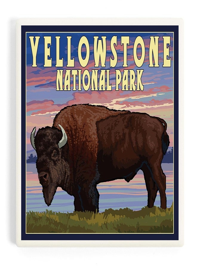 Lantern Press Yellowstone National Park, Wyoming, Bison and Sunset (Absorbent Ceramic Coaster, Single, Cork Back, Kitchen Table Decor) - Image 1