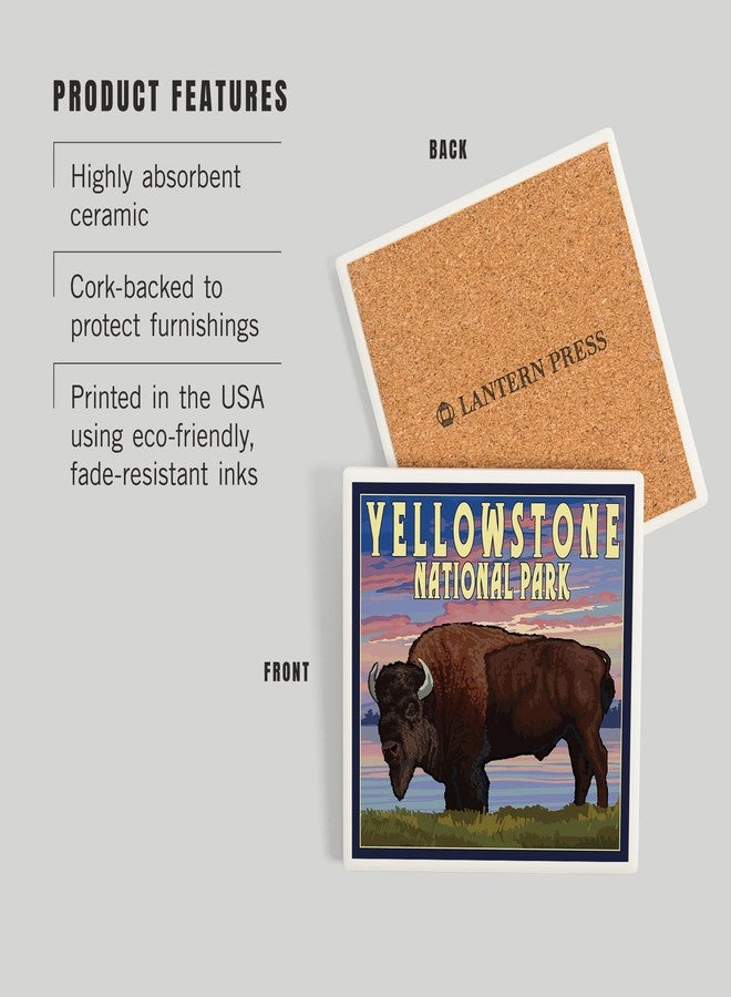 Lantern Press Yellowstone National Park, Wyoming, Bison and Sunset (Absorbent Ceramic Coaster, Single, Cork Back, Kitchen Table Decor) - Image 3