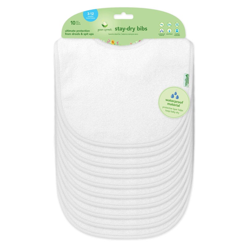 green sprouts Stay-dry Baby Bibs (10 pack) Waterproof protection, Adjustable hook-&-loop closure, Machine washable , White - Image 1