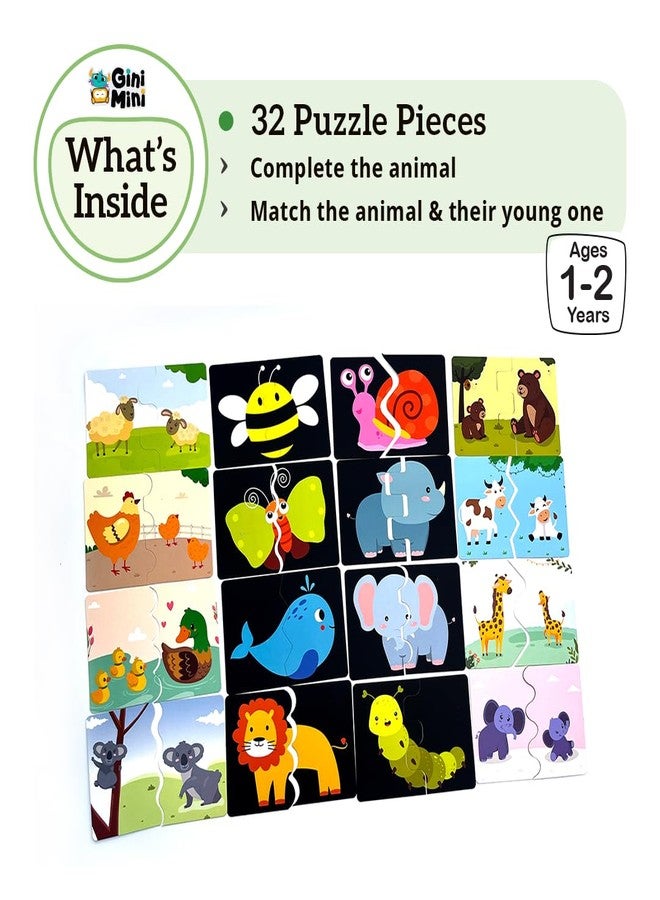 GiniMini Fruits & Vegetables + Animals & Their Babies 2-Piece Self-Correcting Jigsaw Puzzle for Kids - 2 Set of 16 | Educational Toy for Fine-Motor Skills | Age 1, 2 & 3 - Image 3