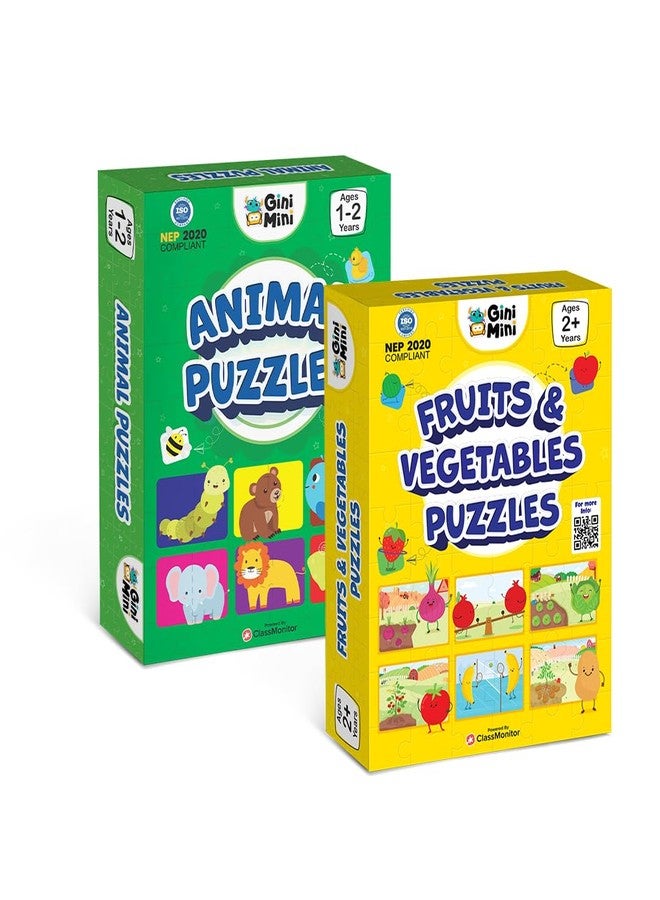 GiniMini Fruits & Vegetables + Animals & Their Babies 2-Piece Self-Correcting Jigsaw Puzzle for Kids - 2 Set of 16 | Educational Toy for Fine-Motor Skills | Age 1, 2 & 3 - Image 1