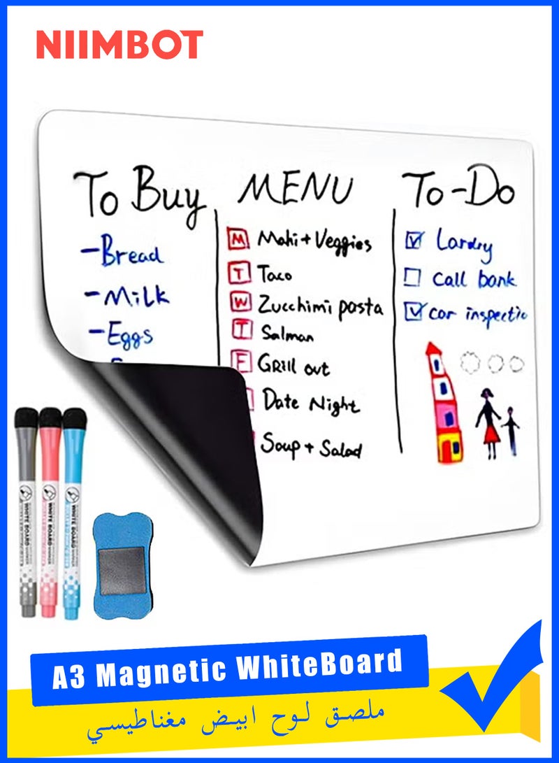 A3 Magnetic White Board Versatile Dry Erase Board Fridge Dry Erase Whiteboard Sheet with 3 Markers and Board Eraser, Rounded Corner for DIY Projects Family Interaction and Creative Learning Message - Image 1