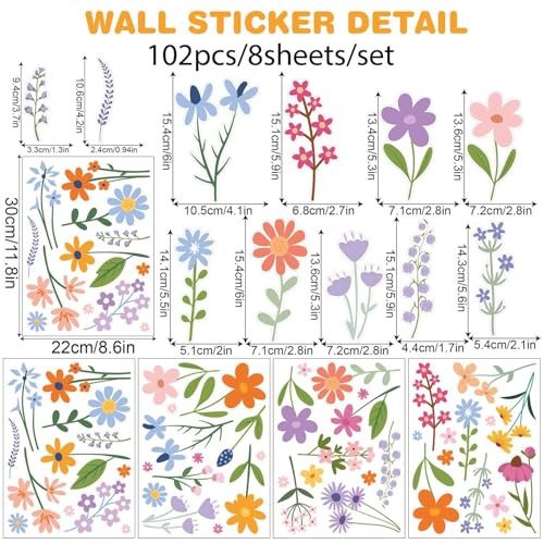CharmFlo Wild Flower Wall Decals - Peel and Stick Removable Floral Wall Stickers for Nursery, Bedroom, Living Room Decor (8 Sheets 102 Pcs Wildflower Mural Art, Garden Theme) - Image 5