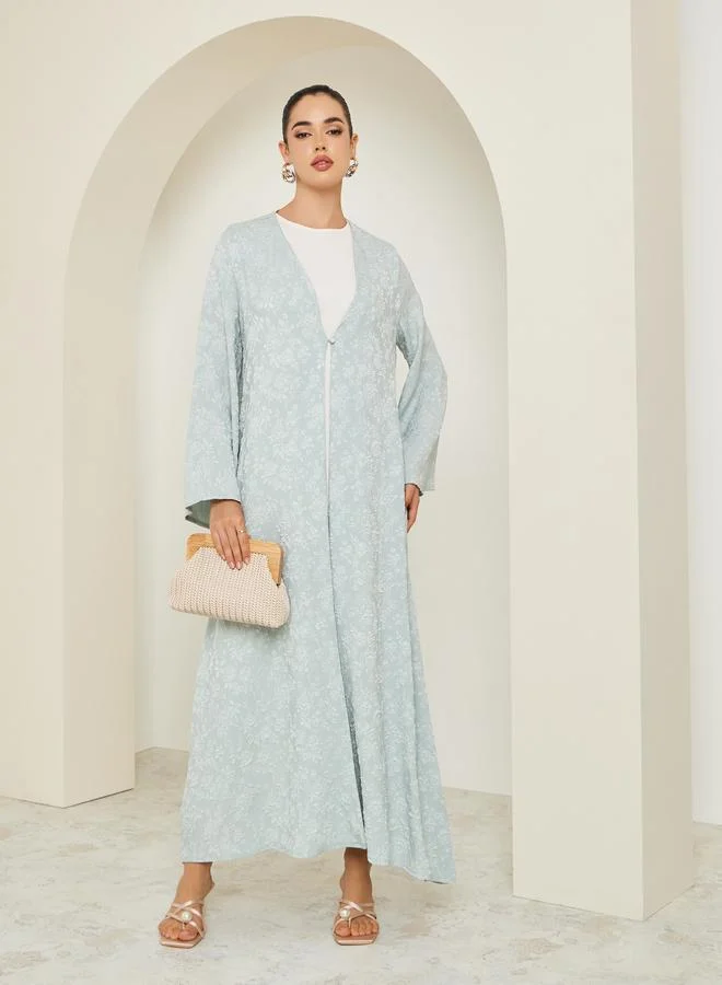 Amirah Women Green Jacquard Open Front Abaya