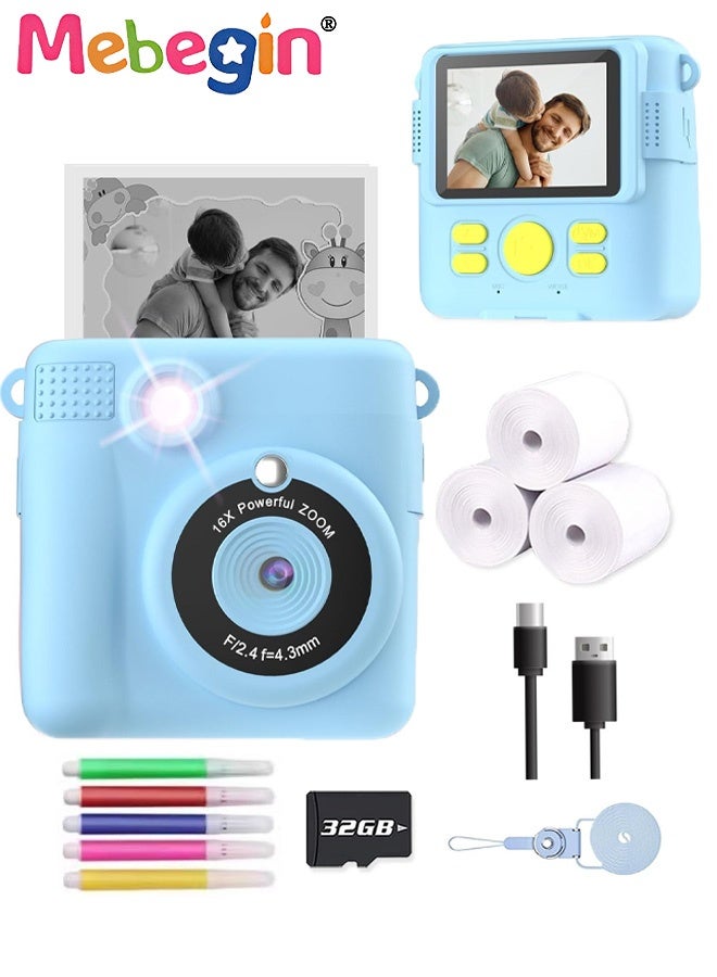 MEBEGIN Kids Toy Camera, 1080P HD Instant Camera with 32G SD Card, 3 Volumes of Printing Paper, 5 Coloured Pens and Lanyard, Portable Selfie Camera with Video Recording Function and Flash, Ideal Gift for Kids - Image 1