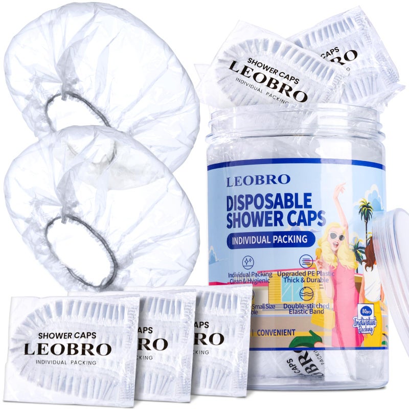 LEOBRO Shower Cap 80PCS Individually Wrapped Disposable Shower Caps for Women Plastic Shower Caps Disposable Plastic Hair Caps Clear Shower Cap for Travel Deep Conditioning Hotel 173 INCH