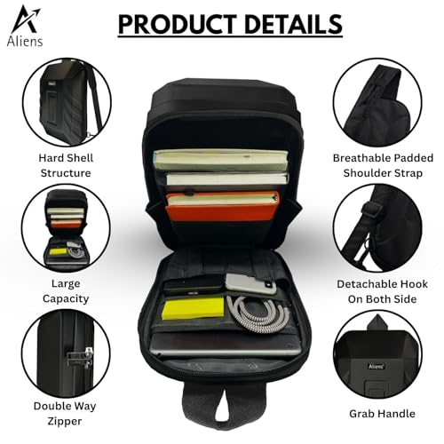Aliens ABS Hard Shell Sling Bag | 180° Open Crossbody & One Side Shoulder Bag for Mens & Women, Office, Travel & Everyday Mini Backpack for iPad, Tablet, Smartphone,Charger,Headphone,HDD,Camera–Black - Image 2