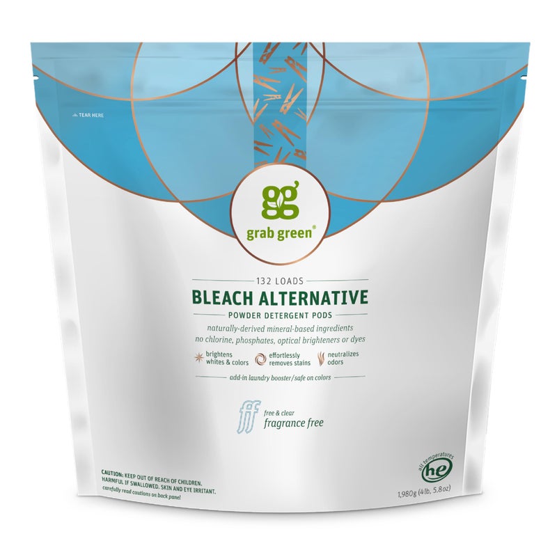 Grab Green Bleach Alternative Pods 132 Count Chlorine Free Fragrance Free Plant and Mineral Based Laundry Booster to Brighten Whites Removes Stains Neutralizes Odors