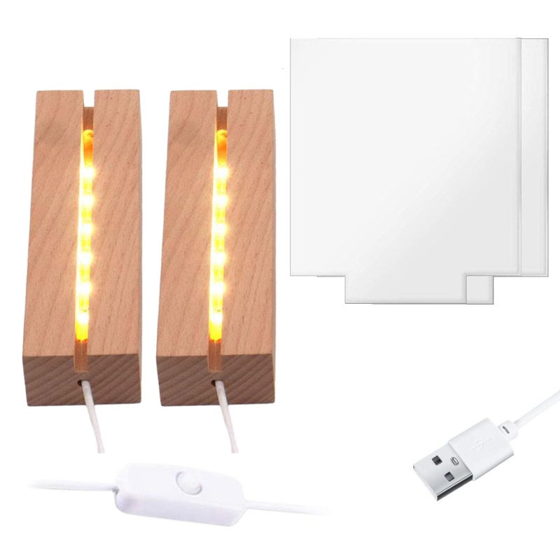 Lyshujli 2Pcs 6 Wood LED Light Base with Blank Acrylic Sheet Clear Cast Plexiglass for LED Light Base Signs DIY Display Projects CraftWarm Light - Image 2