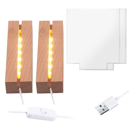 Lyshujli 2Pcs 6 Wood LED Light Base with Blank Acrylic Sheet Clear Cast Plexiglass for LED Light Base Signs DIY Display Projects CraftWarm Light - Image 1