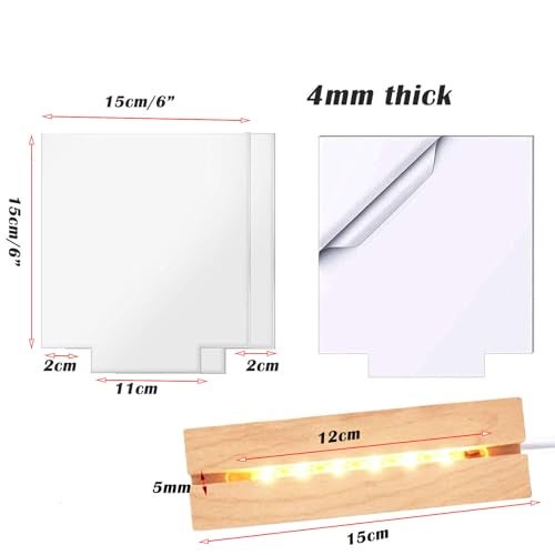 Lyshujli 2Pcs 6 Wood LED Light Base with Blank Acrylic Sheet Clear Cast Plexiglass for LED Light Base Signs DIY Display Projects CraftWarm Light - Image 3