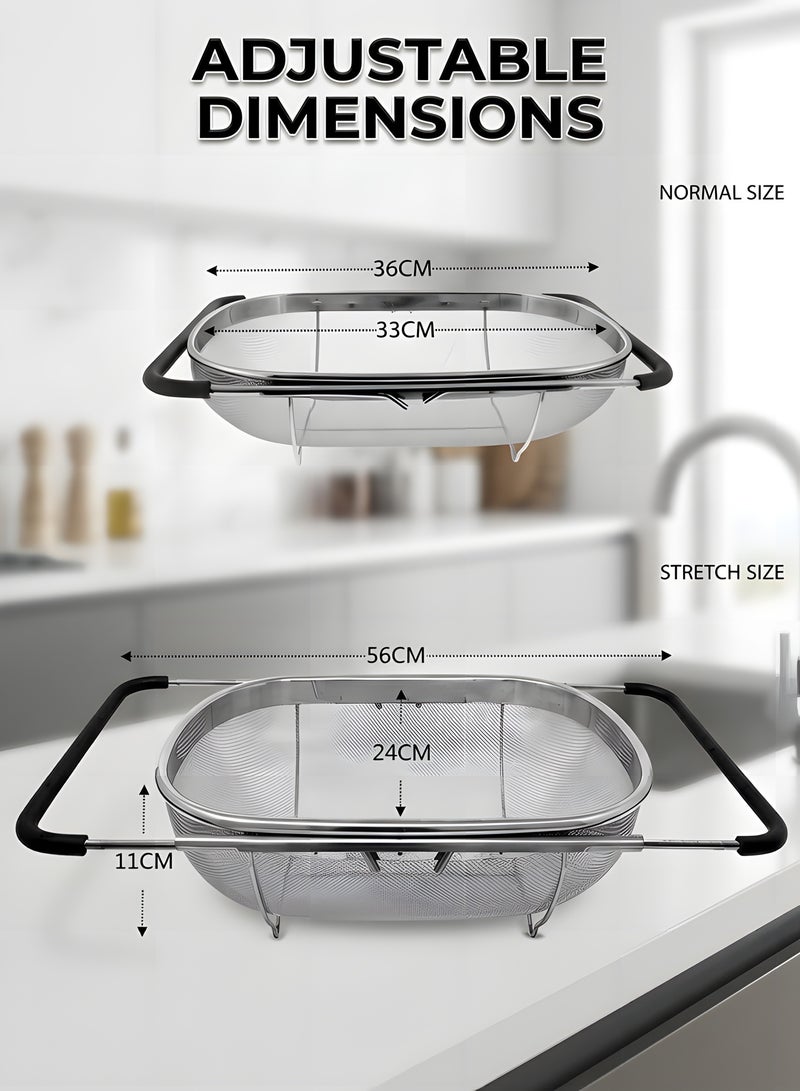 بيوينتي سلة تصفية من الفولاذ المقاوم للصدأ فوق حوض الغسيل، سلة تصفية، سلة حوض الغسيل، حوض مع قبضة مطاطية، شبكة دقيقة، أدوات مطبخ كبيرة، سلة تصفية أدوات مطبخ منزلية أساسية. - Image 4