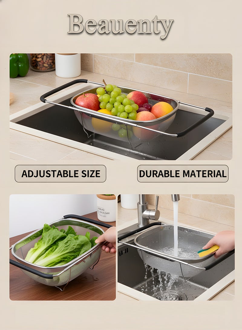بيوينتي سلة تصفية من الفولاذ المقاوم للصدأ فوق حوض الغسيل، سلة تصفية، سلة حوض الغسيل، حوض مع قبضة مطاطية، شبكة دقيقة، أدوات مطبخ كبيرة، سلة تصفية أدوات مطبخ منزلية أساسية. - Image 2