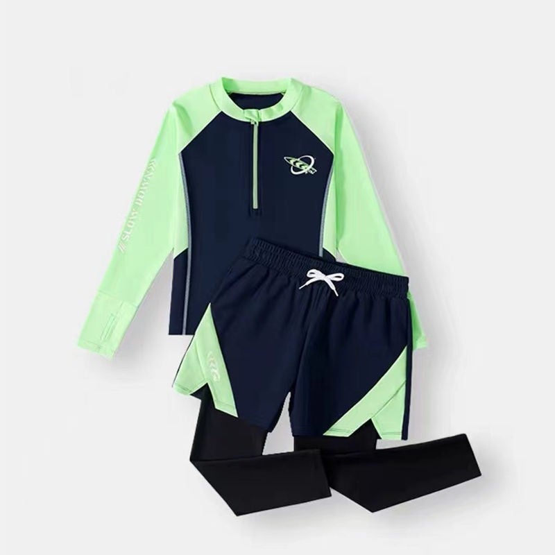 Generic 2025 New Kidsrens Swimsuit Boys Split Long-Sleeved Professional Training Swimming Suit for Older Kidsren to Soak in Hot Springs Green 6018