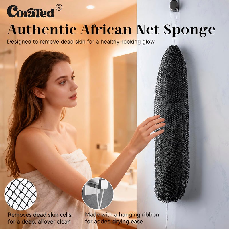 CORATED African Net Sponge Authentic, Shower Net with Knots Loofah Exfoliating Bath Sponge, Body Scrubber for Women Daily Use Body Care, Travel Portable Bath Accessories for Bathroom (Black & Grey) - Image 2