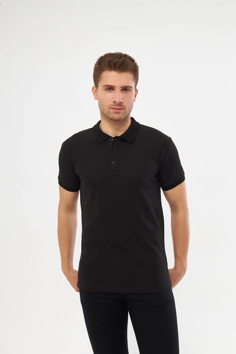 MRS Clothing Black Polo Collar Standard Pattern Plain Men's T-Shirt with Embroidery Detail Black