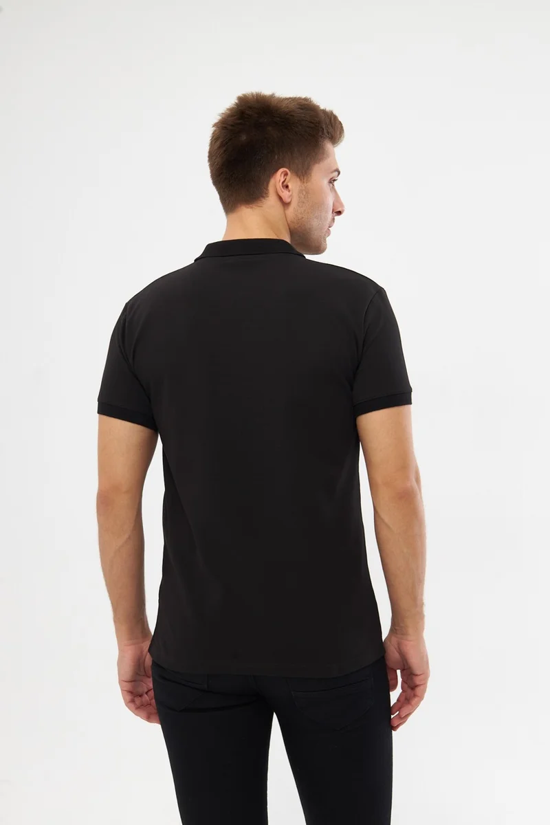 MRS Clothing Black Polo Collar Standard Pattern Plain Men's T-Shirt with Embroidery Detail Black