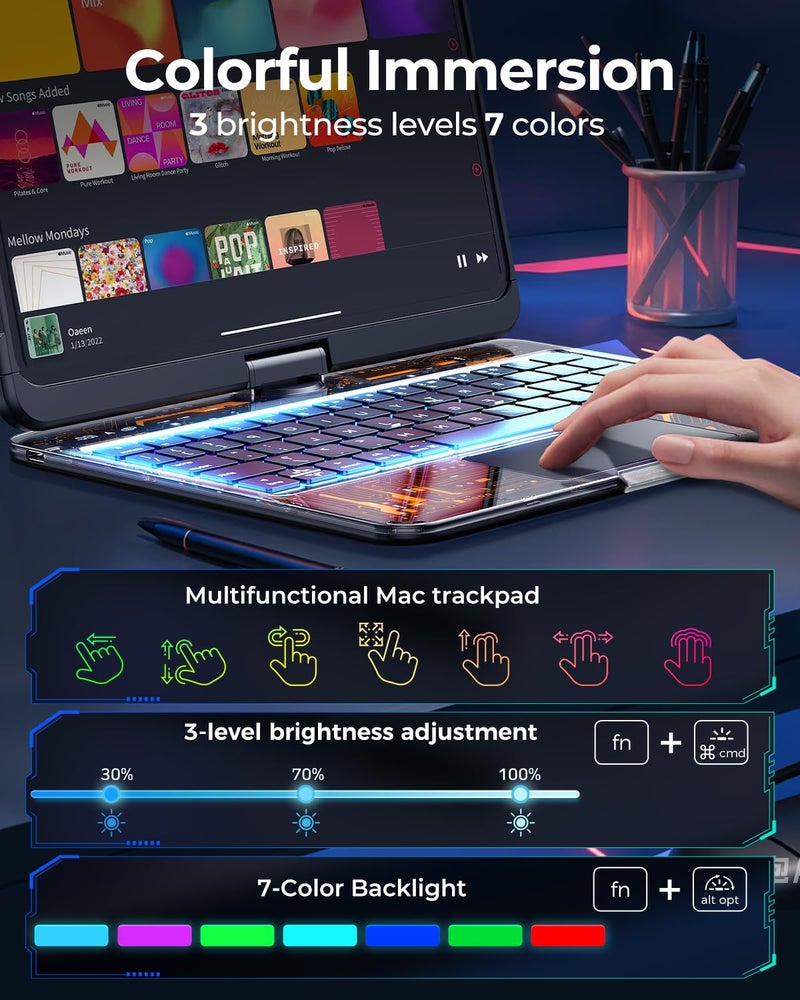 TSQQST Clear Wireless Keyboard Case for iPad mini 7 A17 Pro (2024)/ Mini 6 (2021) 8.3" w/Multi-Touch Trackpad, 7-Color Backlit, Pen Holder, 360 Rotating Case for iPad mini 7th/6th Generation, Black - Image 3