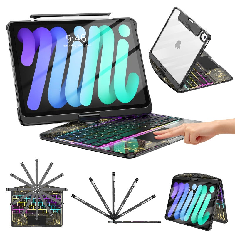 TSQQST Clear Wireless Keyboard Case for iPad mini 7 A17 Pro (2024)/ Mini 6 (2021) 8.3" w/Multi-Touch Trackpad, 7-Color Backlit, Pen Holder, 360 Rotating Case for iPad mini 7th/6th Generation, Black - Image 1