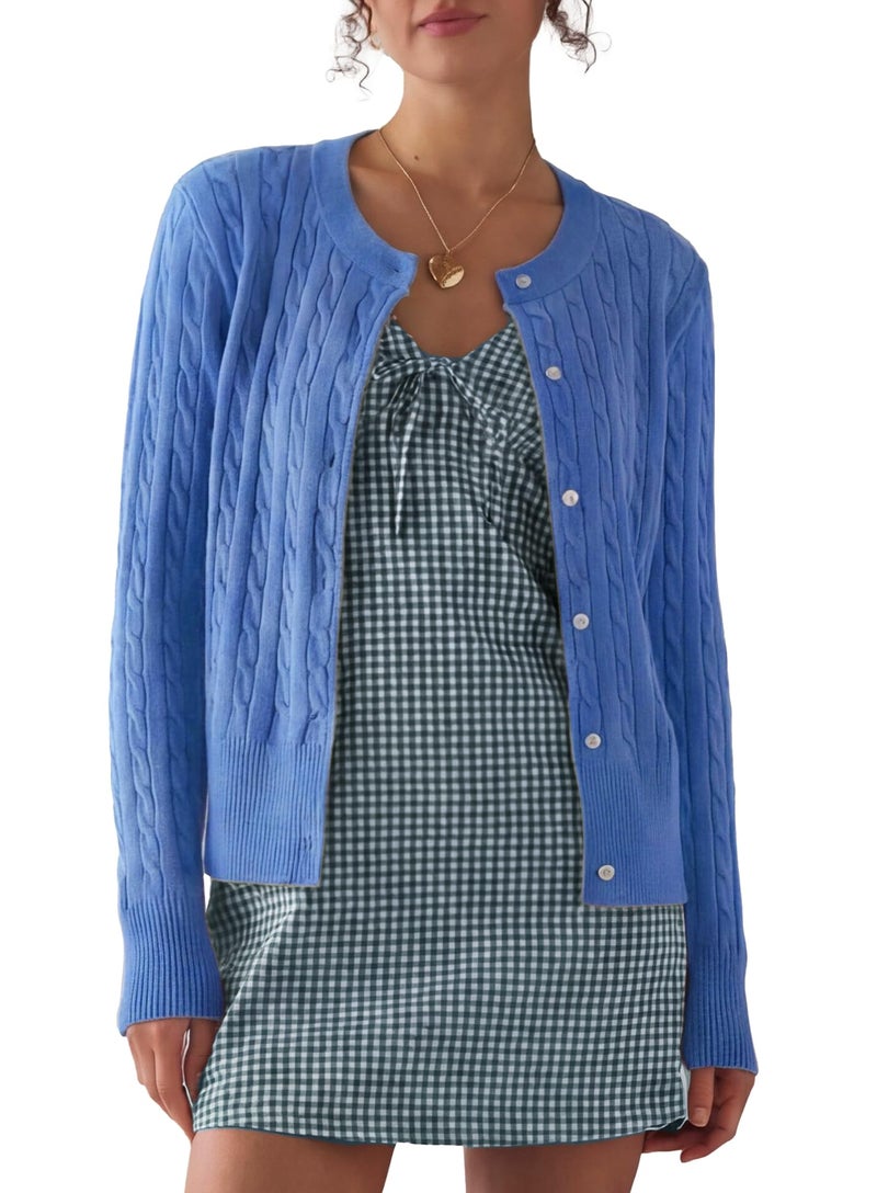 Darong Women Long Sleeve Cable Knit Cardigan Button Down Open Front Cropped Sweater Crewneck Fall Tops Outfits 9129 Sky Blue S - Image 1