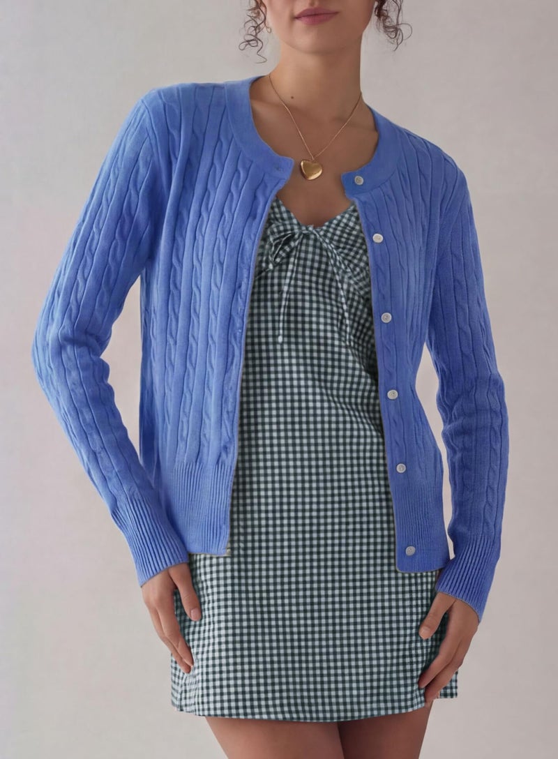 Darong Women Long Sleeve Cable Knit Cardigan Button Down Open Front Cropped Sweater Crewneck Fall Tops Outfits 9129 Sky Blue S - Image 5