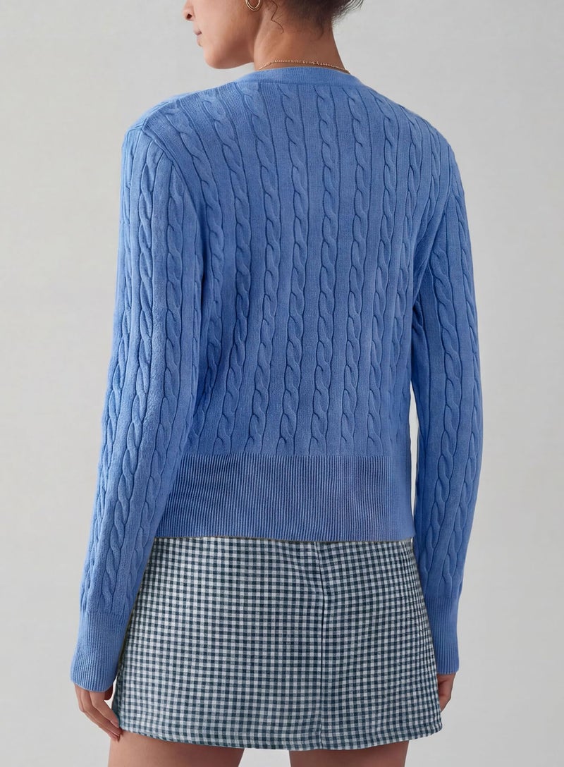 Darong Women Long Sleeve Cable Knit Cardigan Button Down Open Front Cropped Sweater Crewneck Fall Tops Outfits 9129 Sky Blue S - Image 2