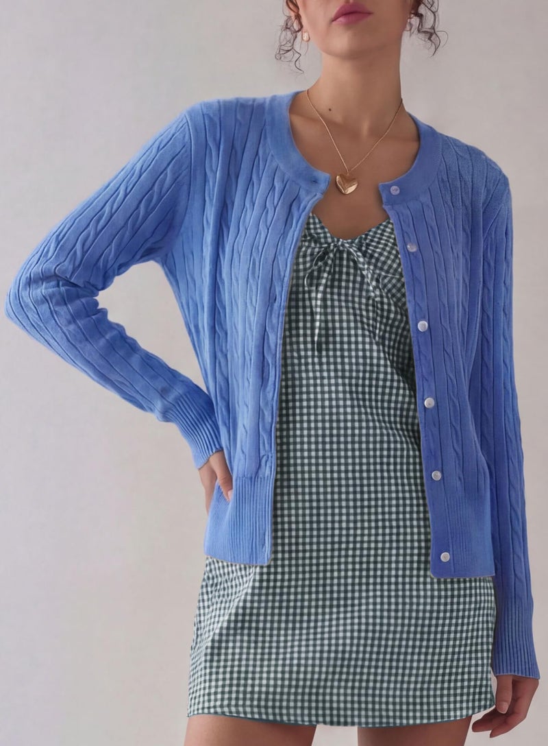Darong Women Long Sleeve Cable Knit Cardigan Button Down Open Front Cropped Sweater Crewneck Fall Tops Outfits 9129 Sky Blue S - Image 3