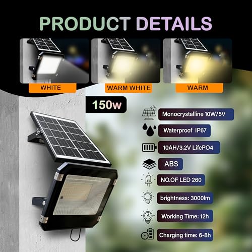 Homehop Solar Flood Light Outdoor Waterproof 150W Wireless LED Automatic Wall Lamp for Home, Garden, Balcony, Courtyard, Porch and Patio (10Ah, ABS, 3 Color) - Image 5