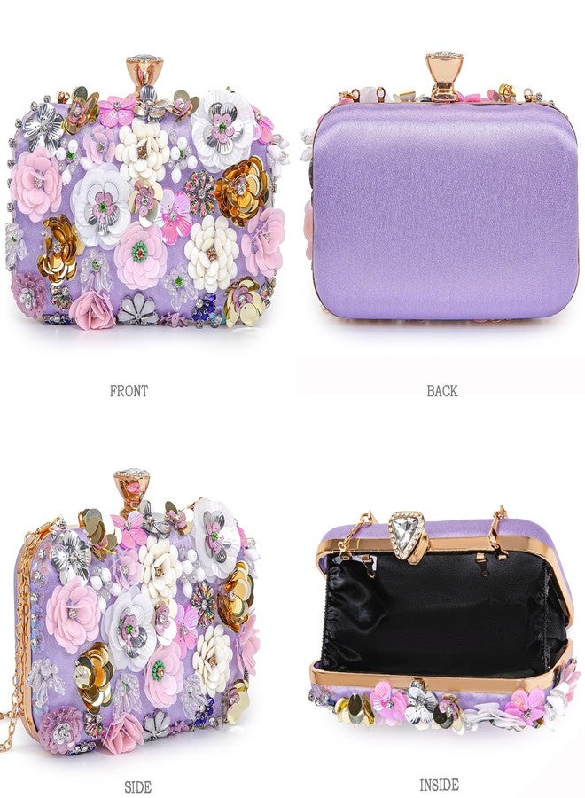 BBTT.ful Women Clutches Flower Evening Handbags Chain Strap Shoulder Bag Wedding bag purse (Purple) - Image 3